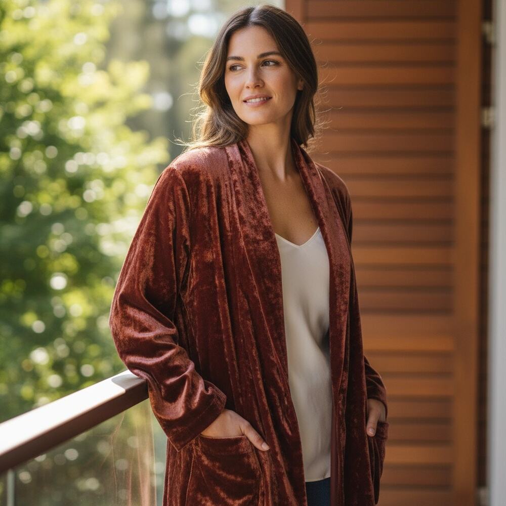 4 Love And Liberty Long Sleeve Pullover Silk Robe Maroon Womens Size Small
